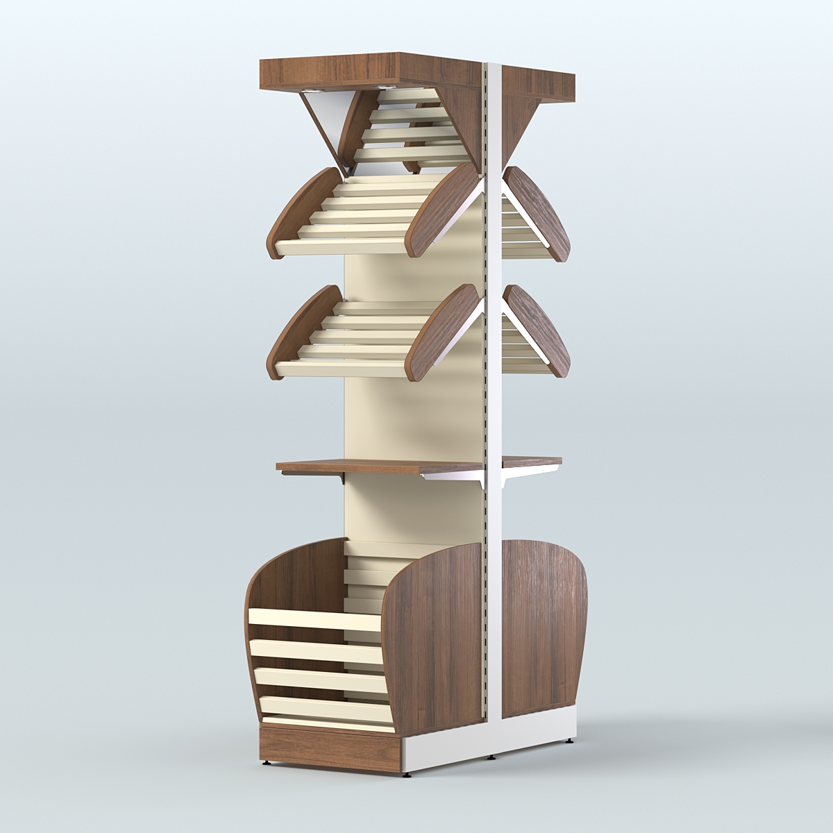 Узкий островной стеллаж в центр зала для хлеба и выпечки с накопителем и фризом СХОВНФ-04 Орех + Крем Вайс