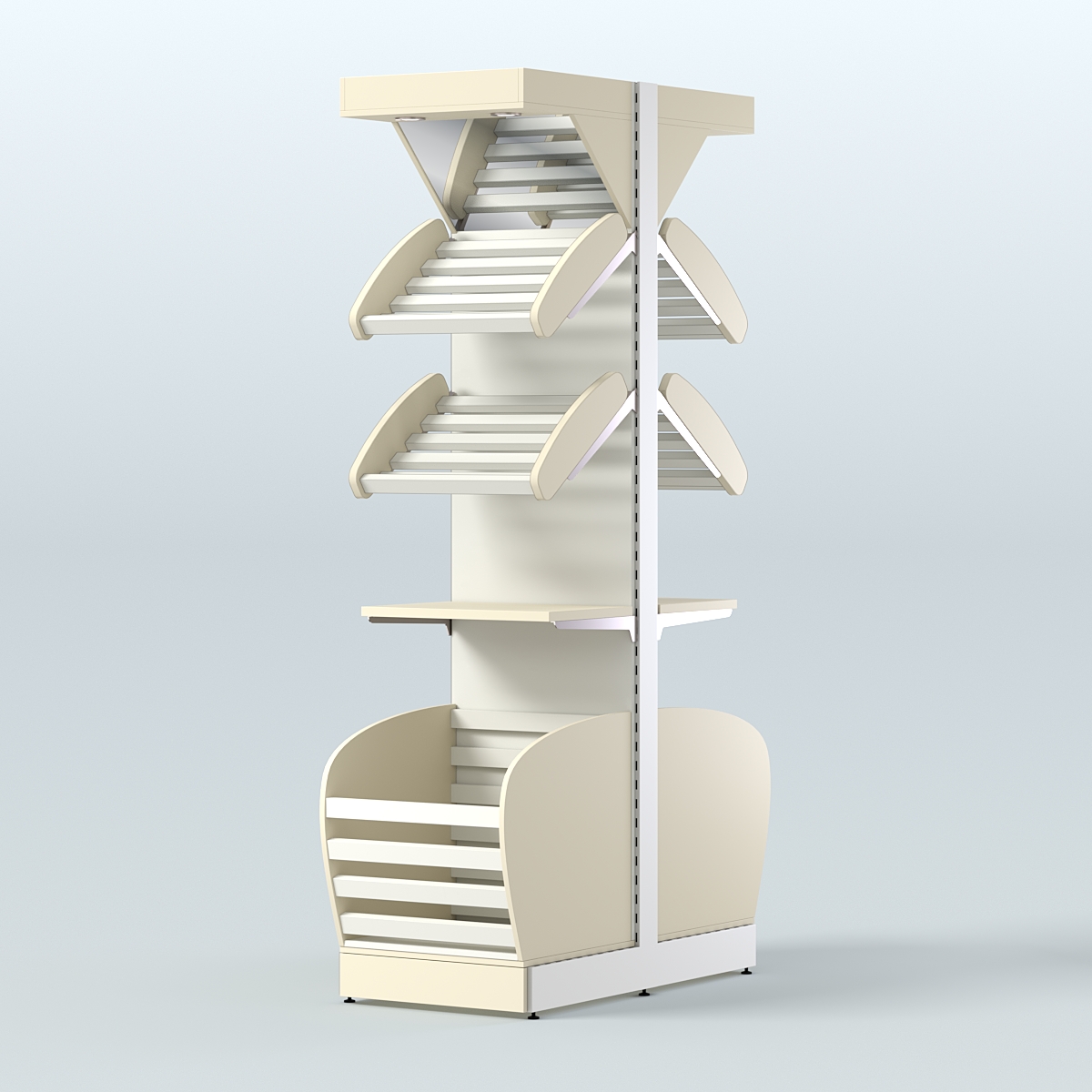 Узкий островной стеллаж в центр зала для хлеба и выпечки с накопителем и фризом СХОВНФ-04 Крем Вайс + Белый