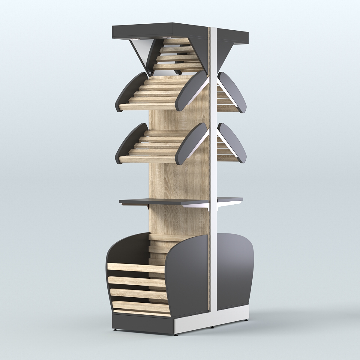 Узкий островной стеллаж в центр зала для хлеба и выпечки с накопителем и фризом СХОВНФ-04 Черный + Дуб Сонома