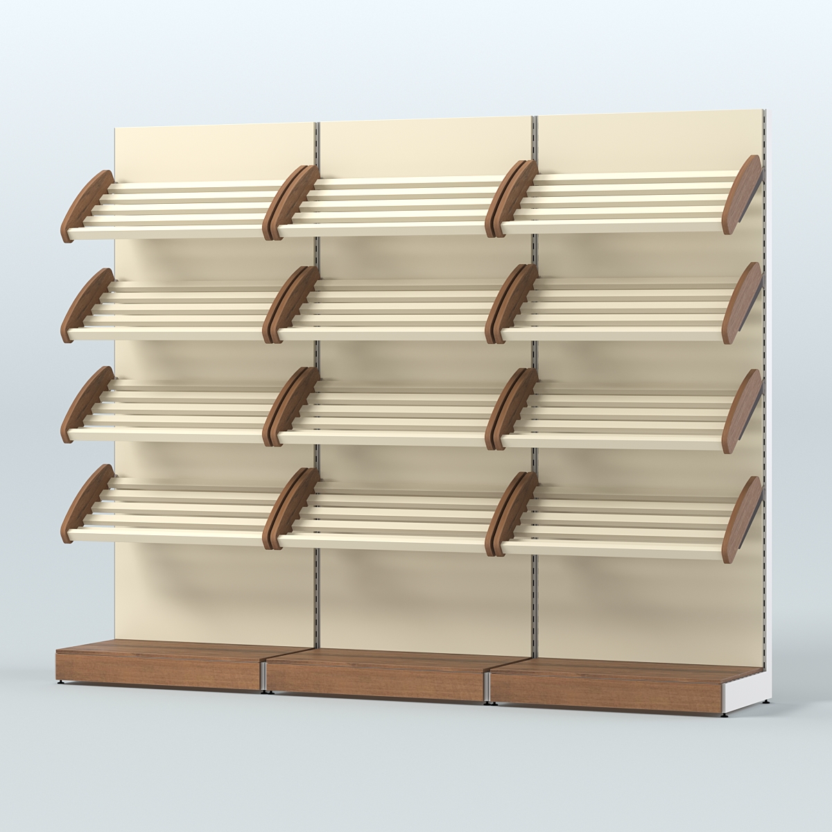 Стеллаж для хлеба и выпечки с четырьмя наклонными полками трех-секционный СХНП-04 Орех + Крем Вайс