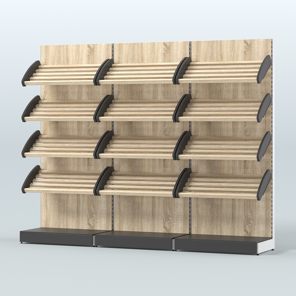 Стеллаж для хлеба и выпечки с четырьмя наклонными полками трех-секционный СХНП-04 Черный + Дуб Сонома