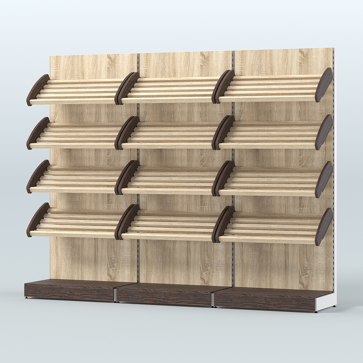 Стеллаж для хлеба и выпечки с четырьмя наклонными полками трех-секционный СХНП-04 Дуб Венге + Дуб Сонома