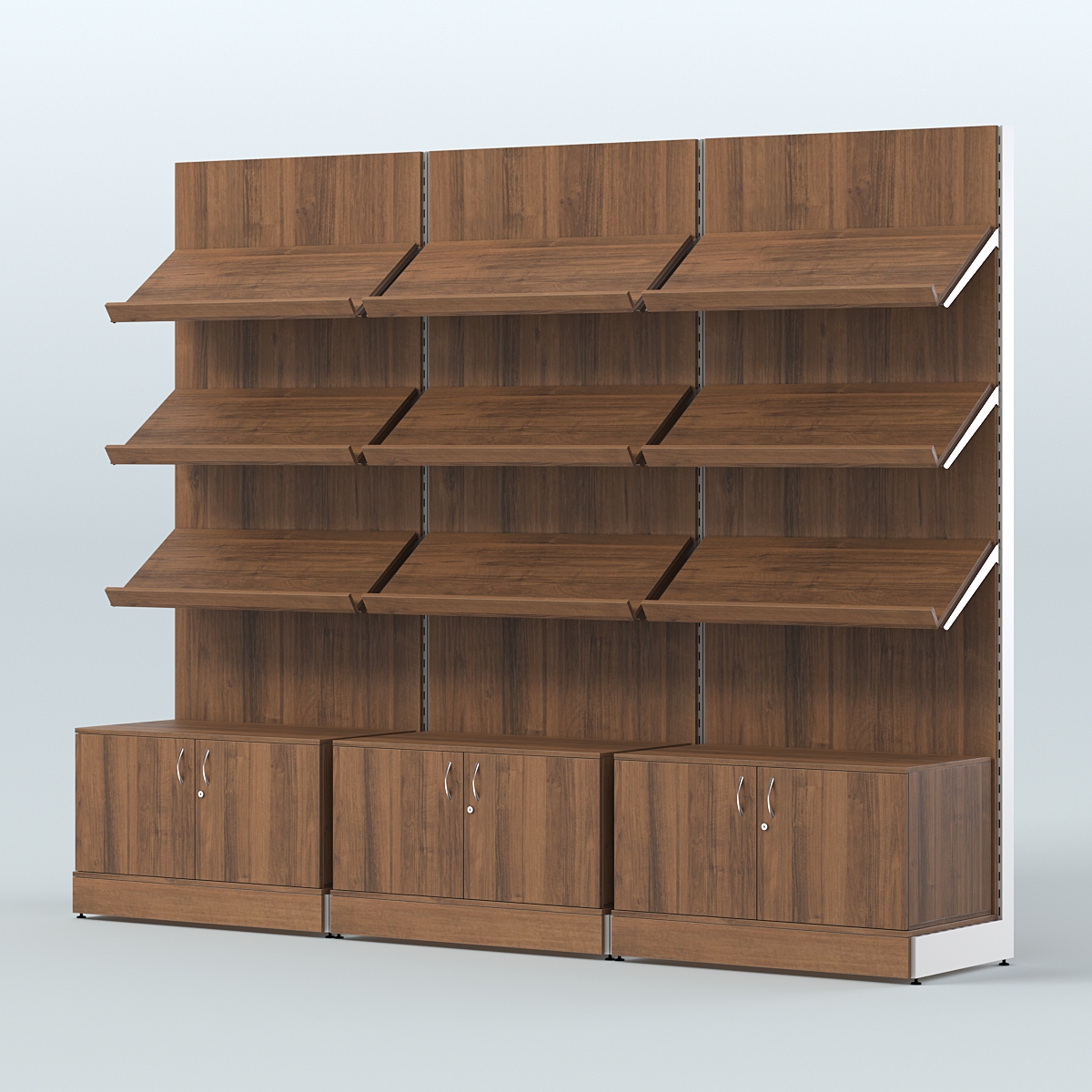 Стеллаж для хлеба и выпечки с тремя наклонными полками и накопителем трех-секционный СХНПН-03 Орех