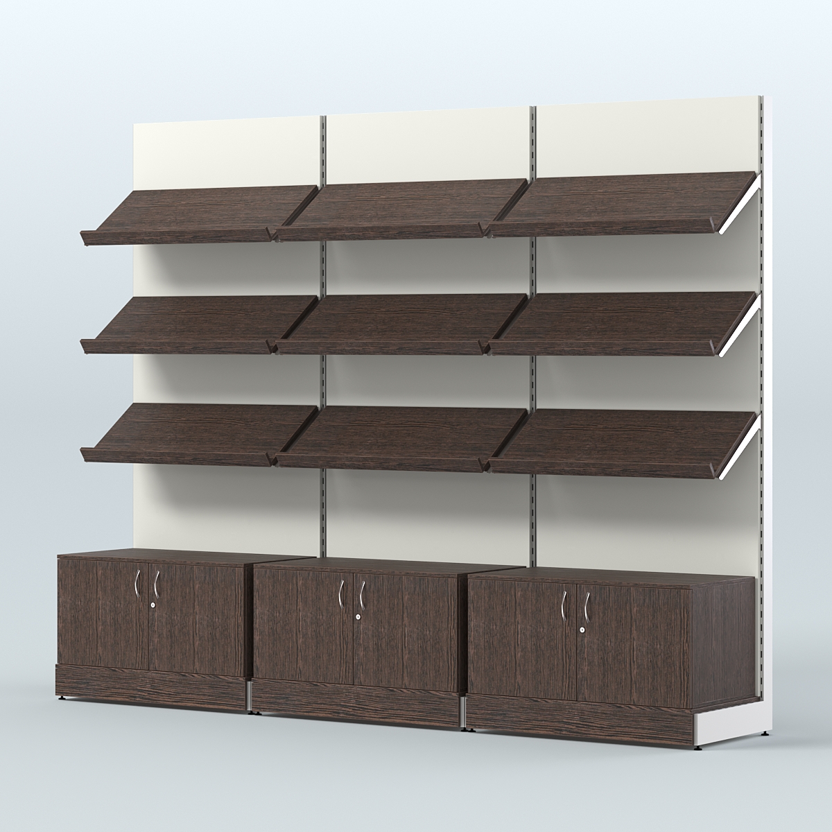 Стеллаж для хлеба и выпечки с тремя наклонными полками и накопителем трех-секционный СХНПН-03 Дуб Венге + Белый