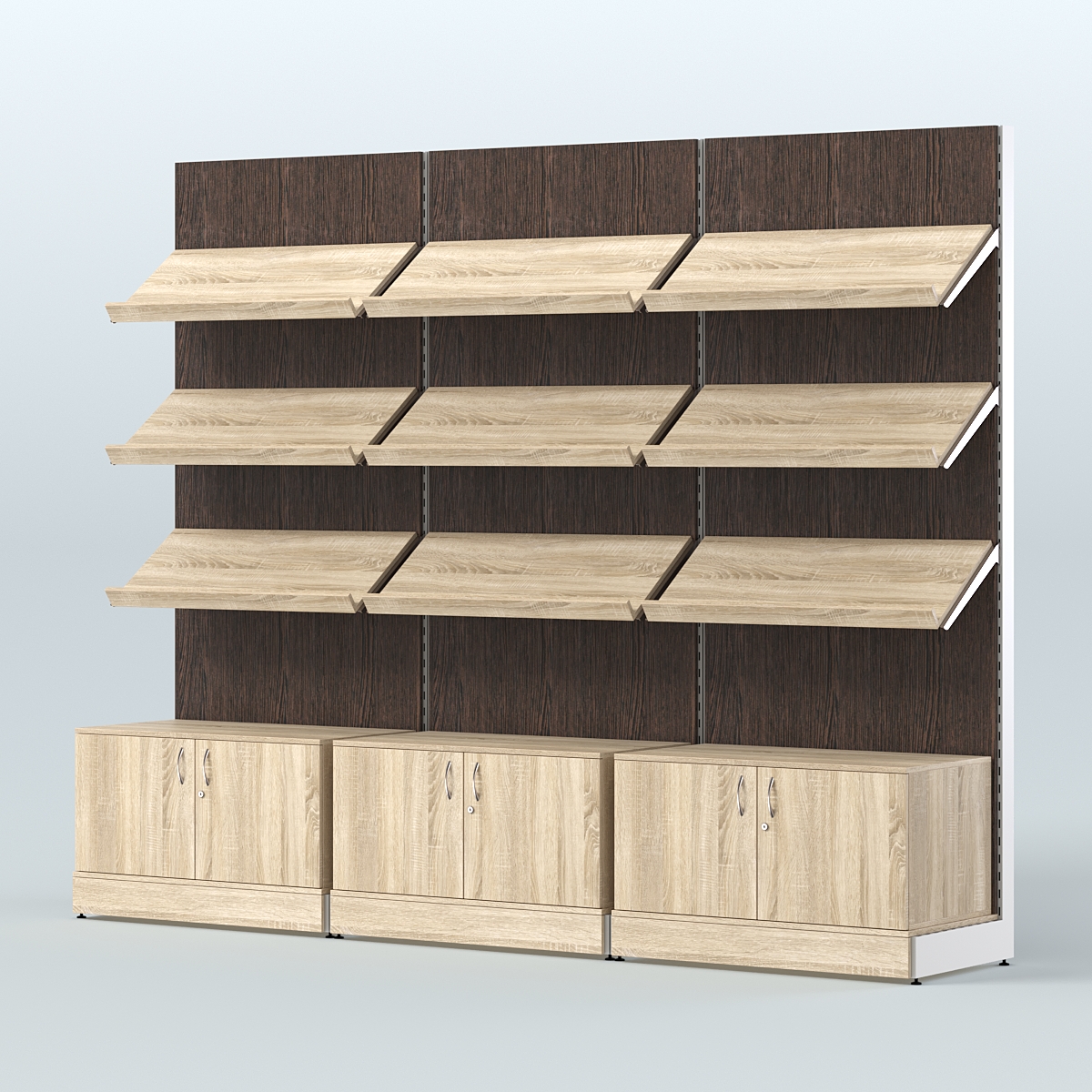 Стеллаж для хлеба и выпечки с тремя наклонными полками и накопителем трех-секционный СХНПН-03 Дуб Сонома + Дуб Венге