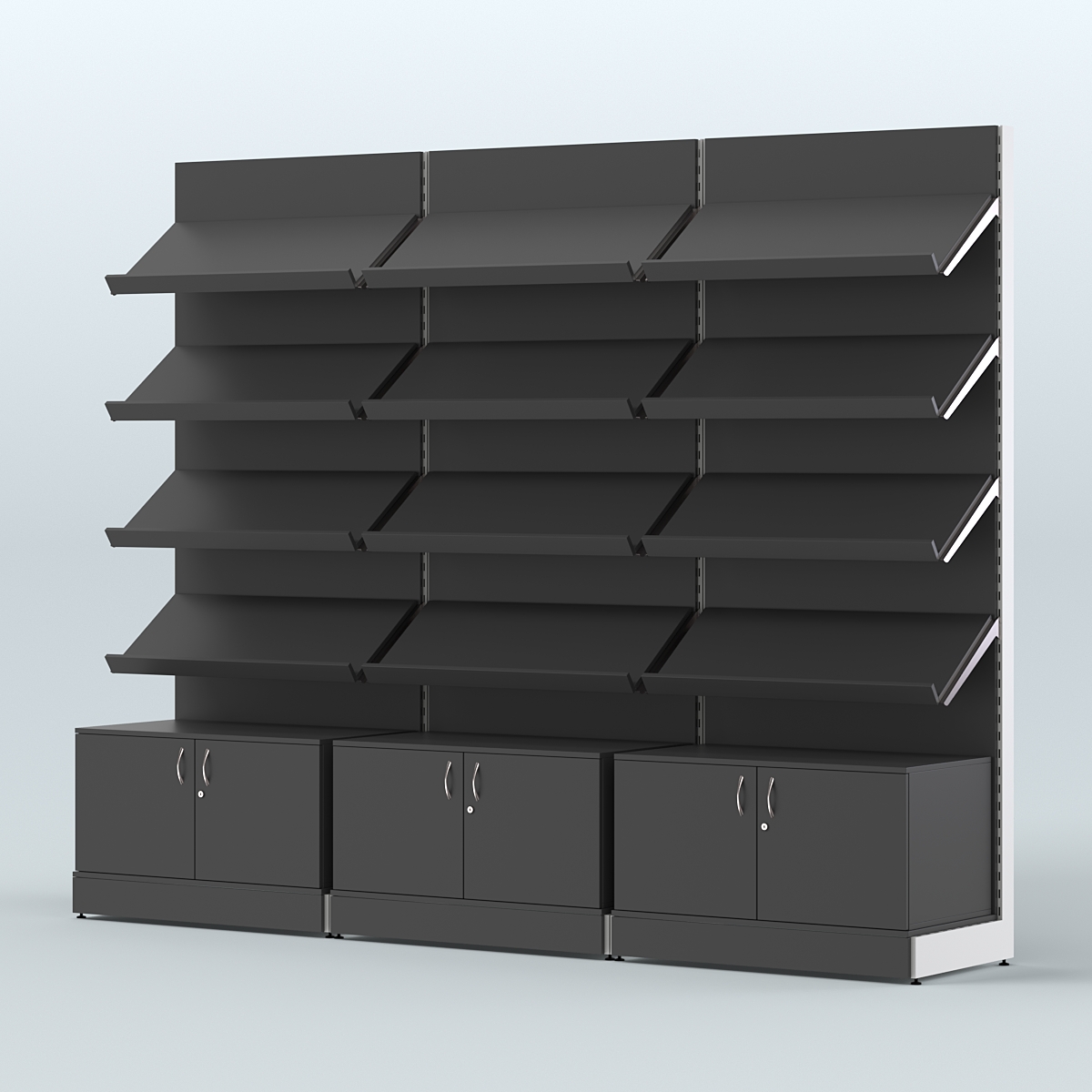 Стеллаж для хлеба и выпечки с четырьмя наклонными полками и накопителем трех-секционный СХНП-04 Черный