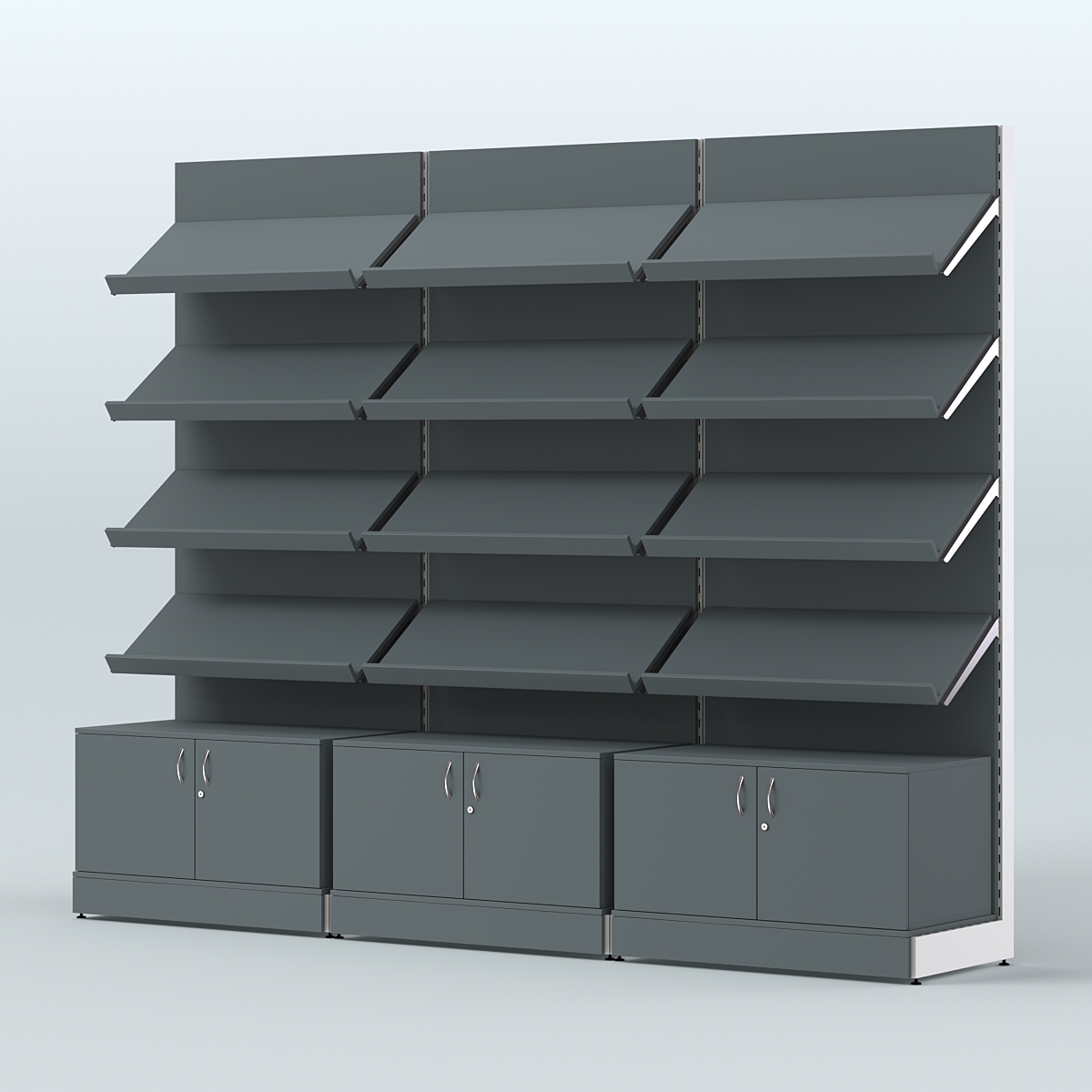 Стеллаж для хлеба и выпечки с четырьмя наклонными полками и накопителем трех-секционный СХНП-04 Темно-Серый