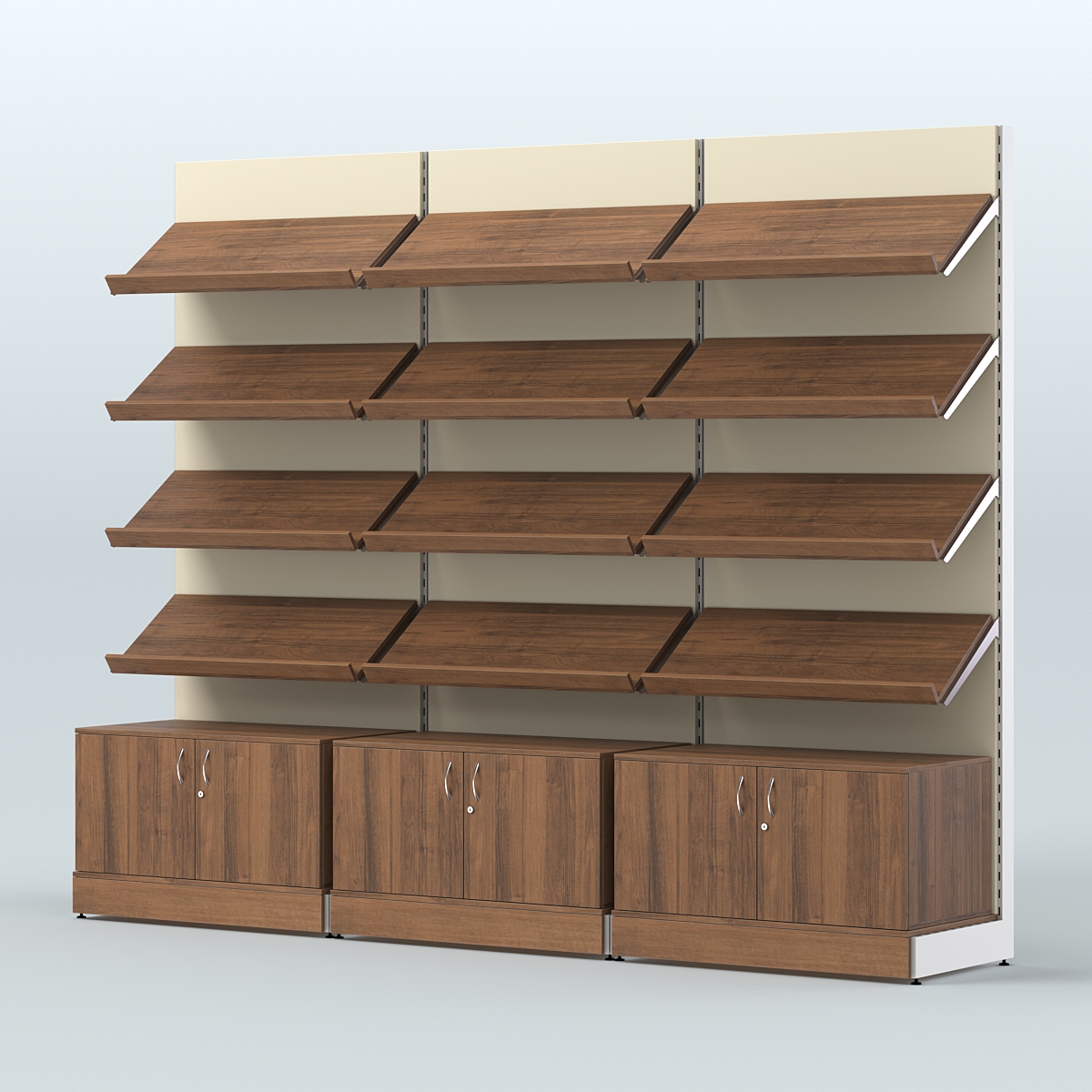 Стеллаж для хлеба и выпечки с четырьмя наклонными полками и накопителем трех-секционный СХНП-04 Орех + Крем Вайс