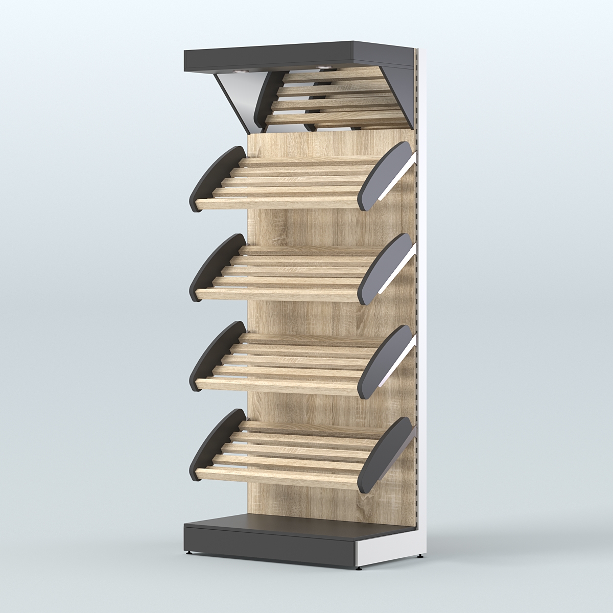 Стеллаж для хлеба и выпечки с четырьмя наклонными полками и зеркальным фризом СХНПФ-02 Черный + Дуб Сонома