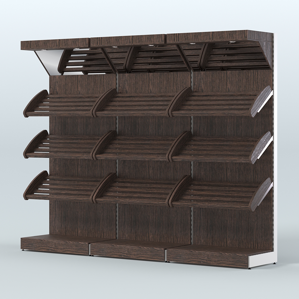 Стеллаж для хлеба и выпечки с тремя наклонными полками и зеркальным фризом трех-секционный СХНПФ-03 Дуб Венге