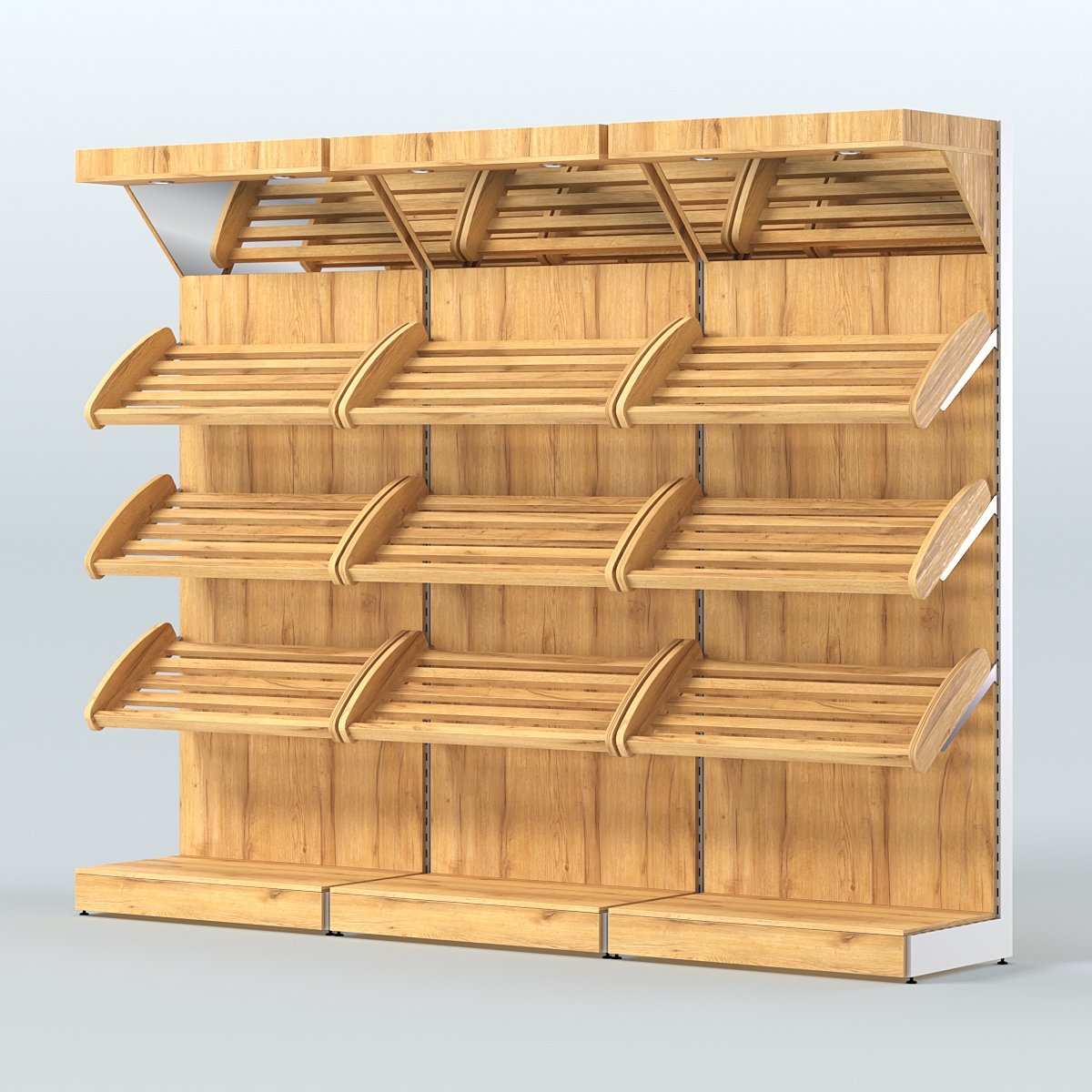 Стеллаж для хлеба и выпечки с тремя наклонными полками и зеркальным фризом трех-секционный СХНПФ-03 Дуб Золотистый