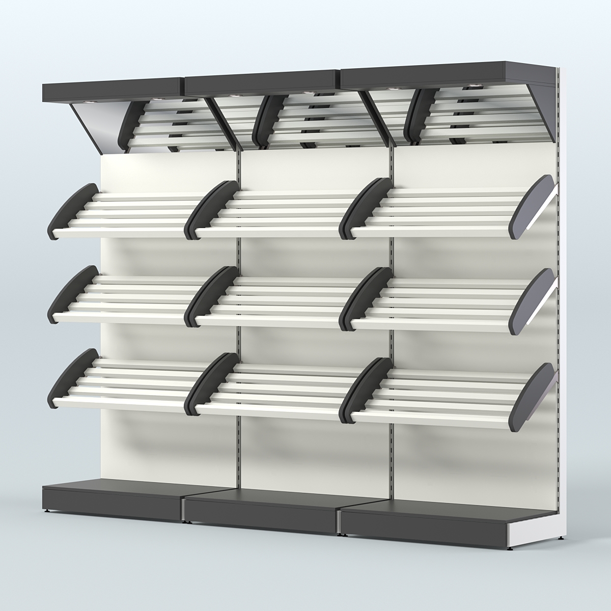 Стеллаж для хлеба и выпечки с тремя наклонными полками и зеркальным фризом трех-секционный СХНПФ-03 Черный и Белый