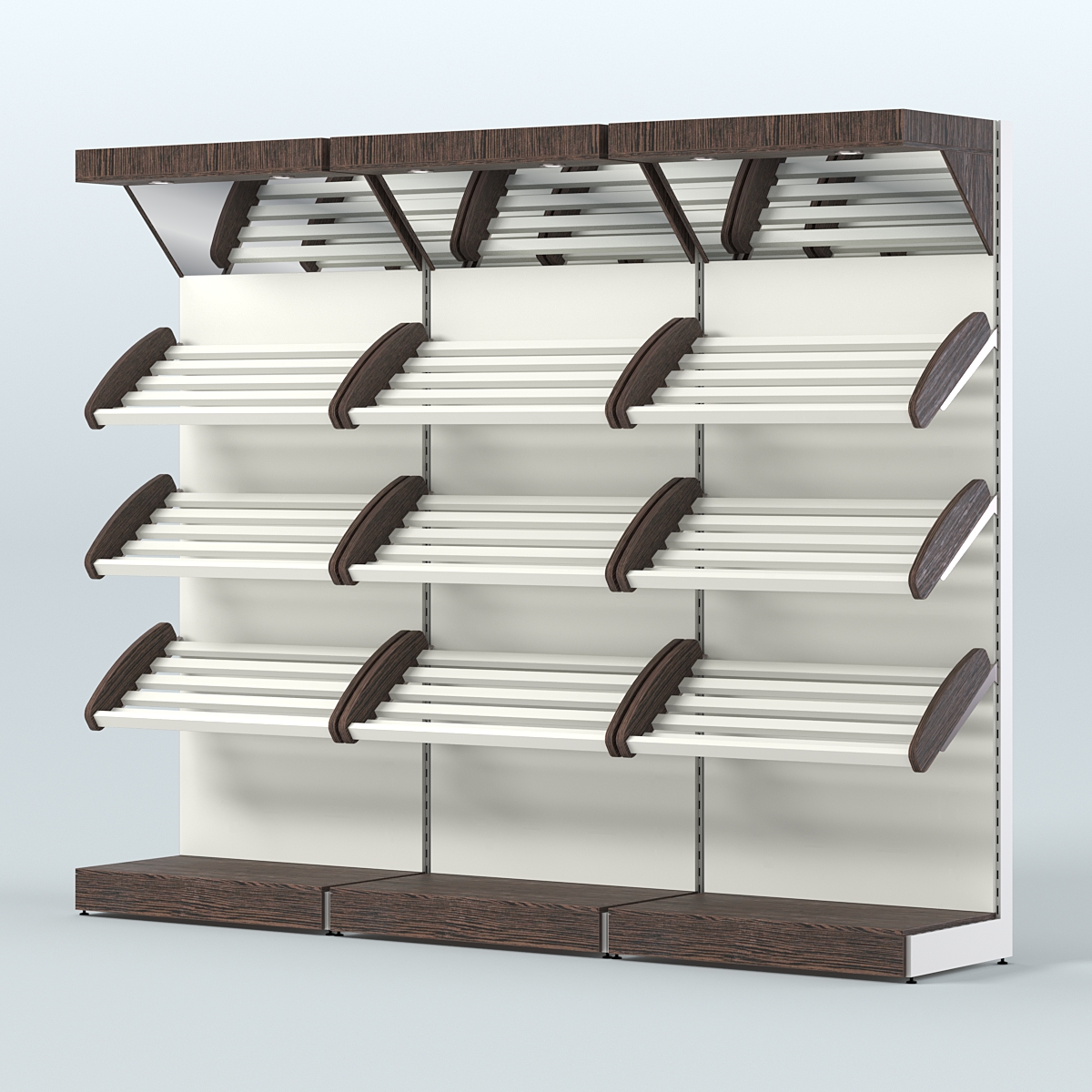 Стеллаж для хлеба и выпечки с тремя наклонными полками и зеркальным фризом трех-секционный СХНПФ-03 Дуб Венге + Белый