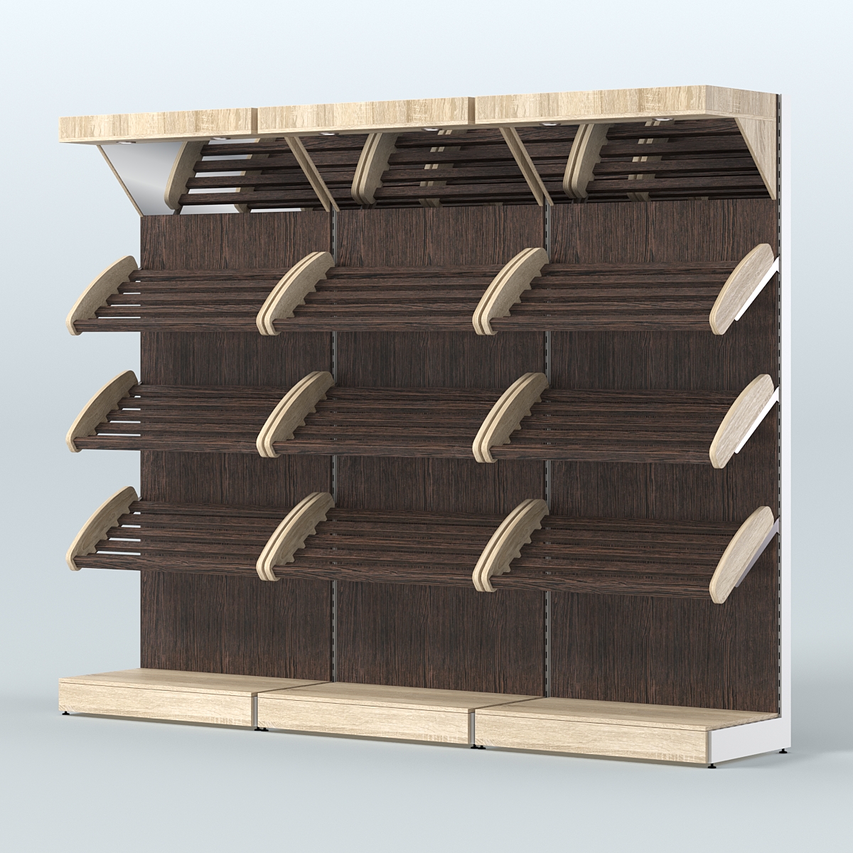 Стеллаж для хлеба и выпечки с тремя наклонными полками и зеркальным фризом трех-секционный СХНПФ-03 Дуб Сонома + Дуб Венге