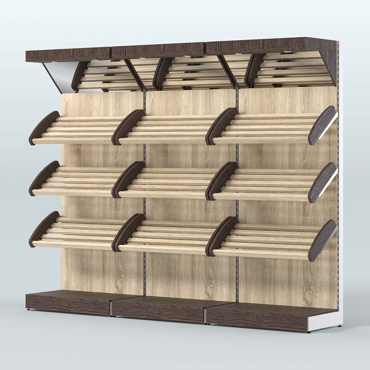Стеллаж для хлеба и выпечки с тремя наклонными полками и зеркальным фризом трех-секционный СХНПФ-03 Дуб Венге + Дуб Сонома