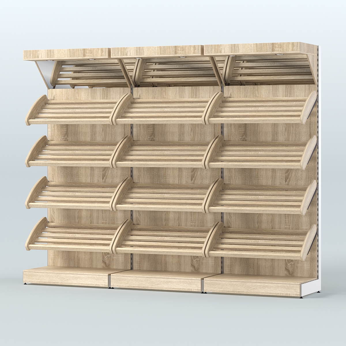 Стеллаж для хлеба и выпечки с четырьмя наклонными полками и зеркальным фризом трех-секционный СХНПФ-04 Дуб Сонома