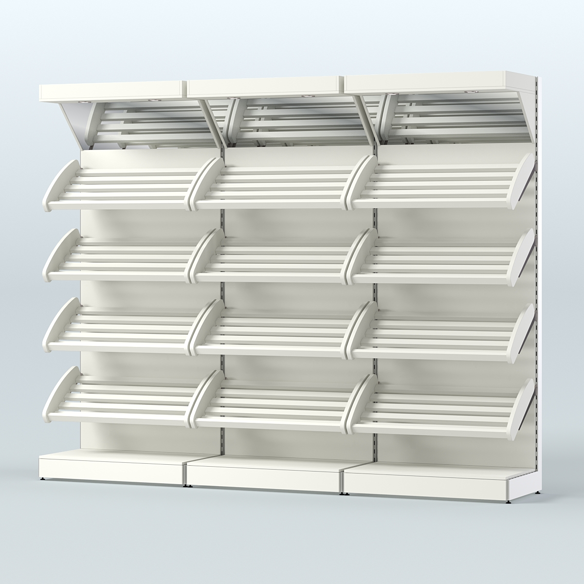 Стеллаж для хлеба и выпечки с четырьмя наклонными полками и зеркальным фризом трех-секционный СХНПФ-04 Белый