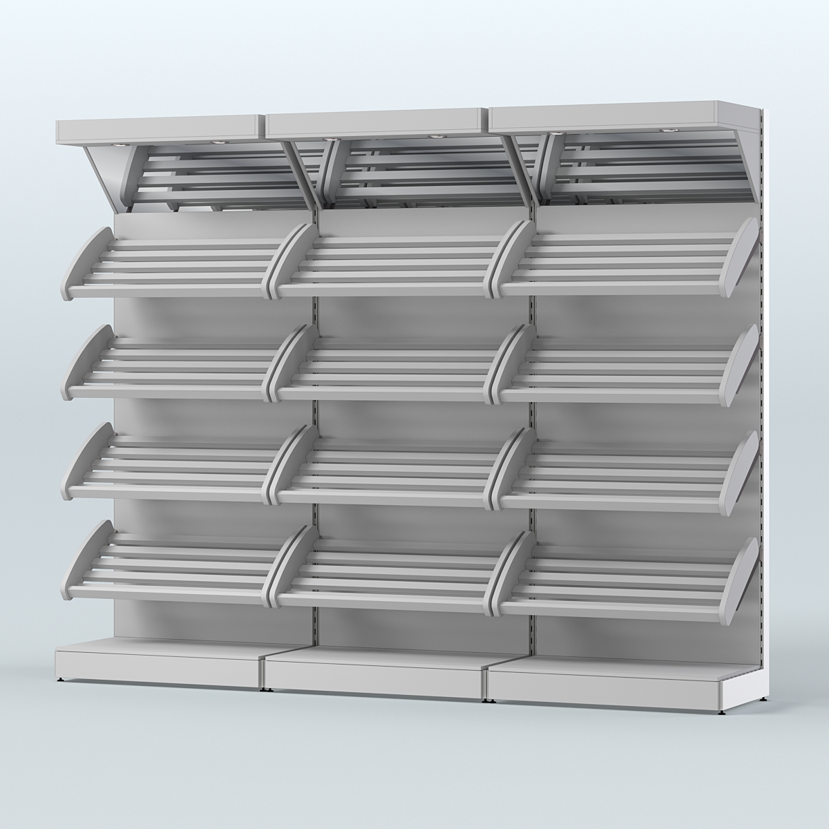 Стеллаж для хлеба и выпечки с четырьмя наклонными полками и зеркальным фризом трех-секционный СХНПФ-04 Серый