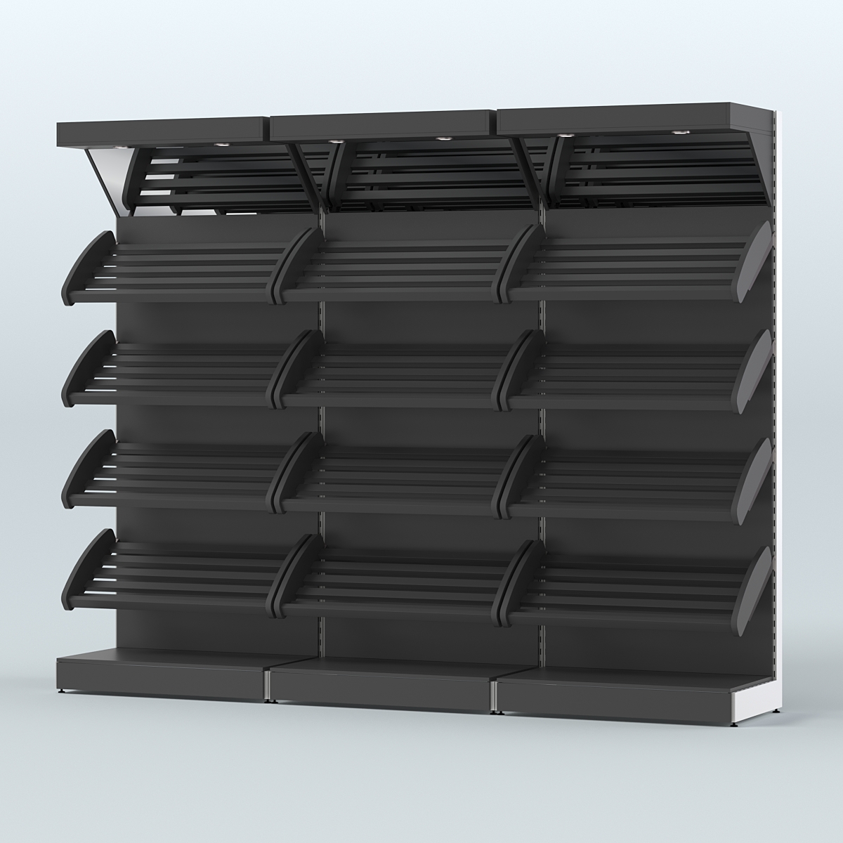 Стеллаж для хлеба и выпечки с четырьмя наклонными полками и зеркальным фризом трех-секционный СХНПФ-04 Черный