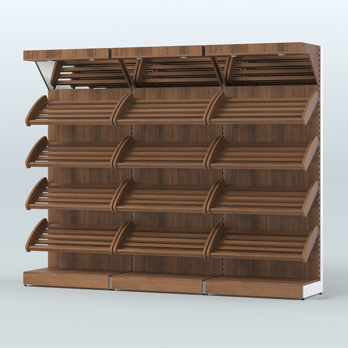 Стеллаж для хлеба и выпечки с четырьмя наклонными полками и зеркальным фризом трех-секционный СХНПФ-04 Орех