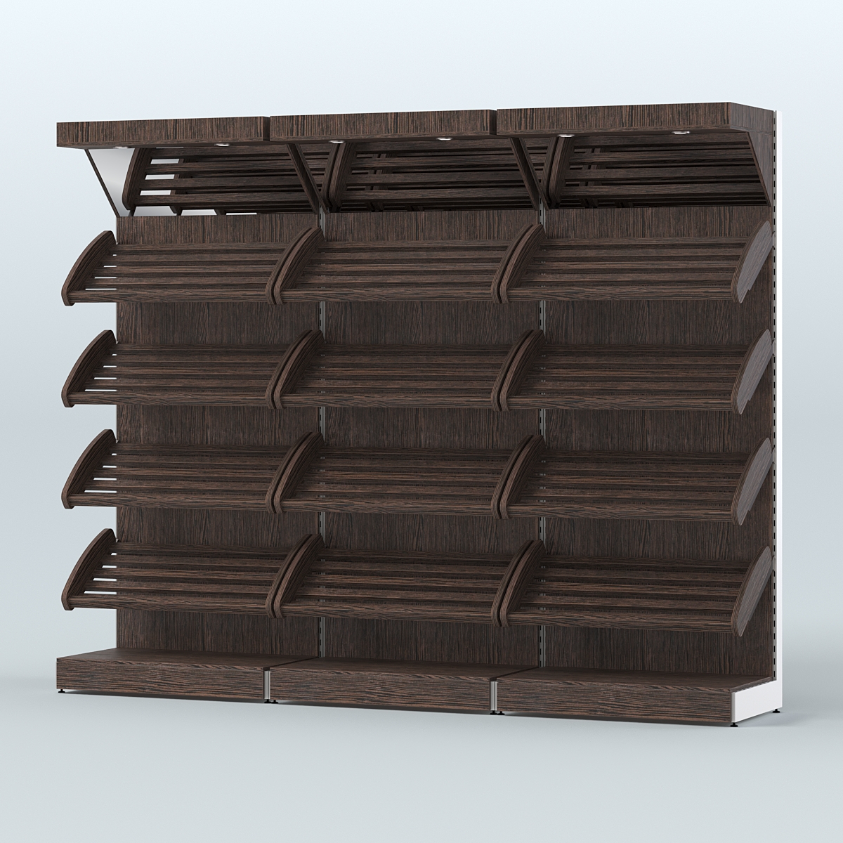 Стеллаж для хлеба и выпечки с четырьмя наклонными полками и зеркальным фризом трех-секционный СХНПФ-04 Дуб Венге