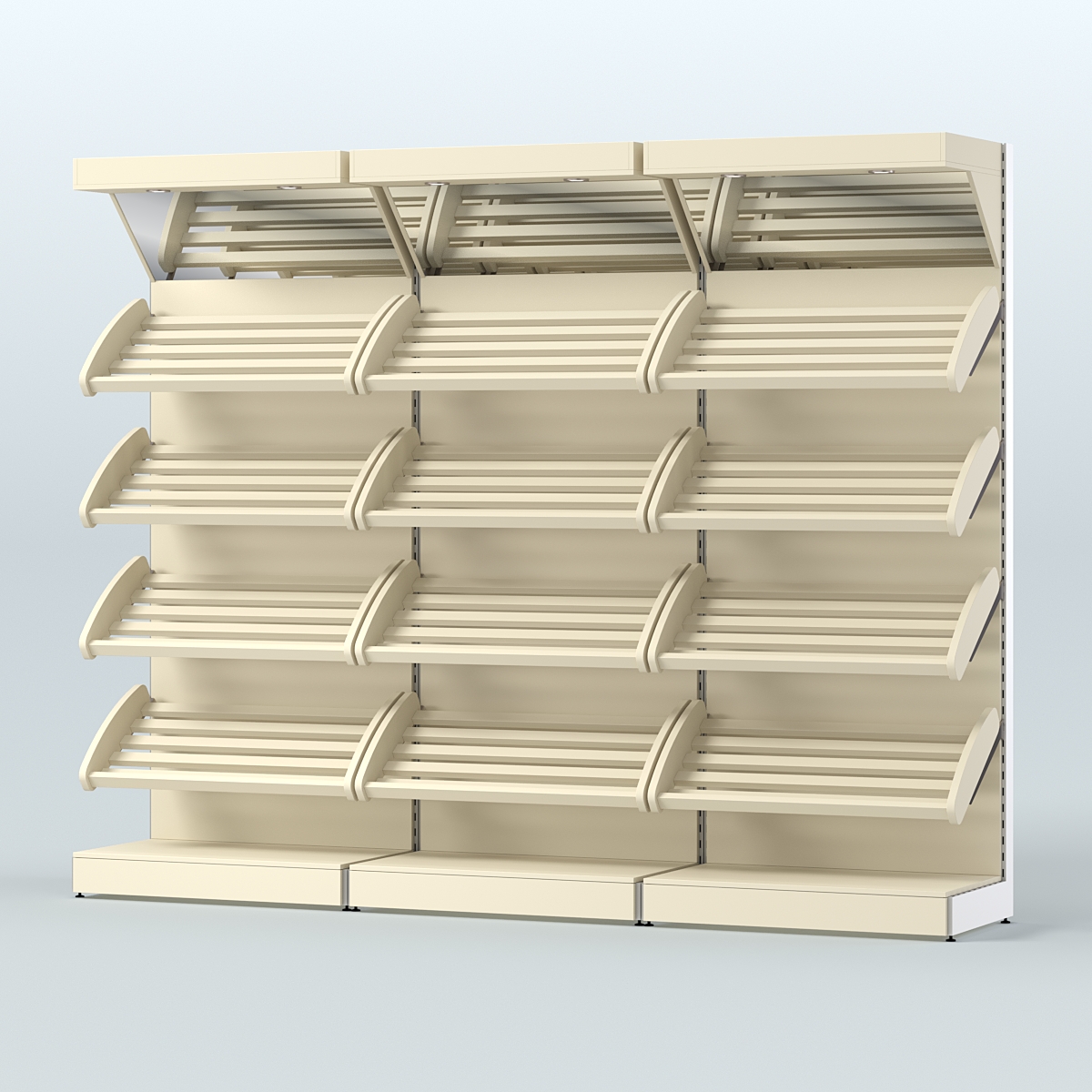Стеллаж для хлеба и выпечки с четырьмя наклонными полками и зеркальным фризом трех-секционный СХНПФ-04 Крем Вайс
