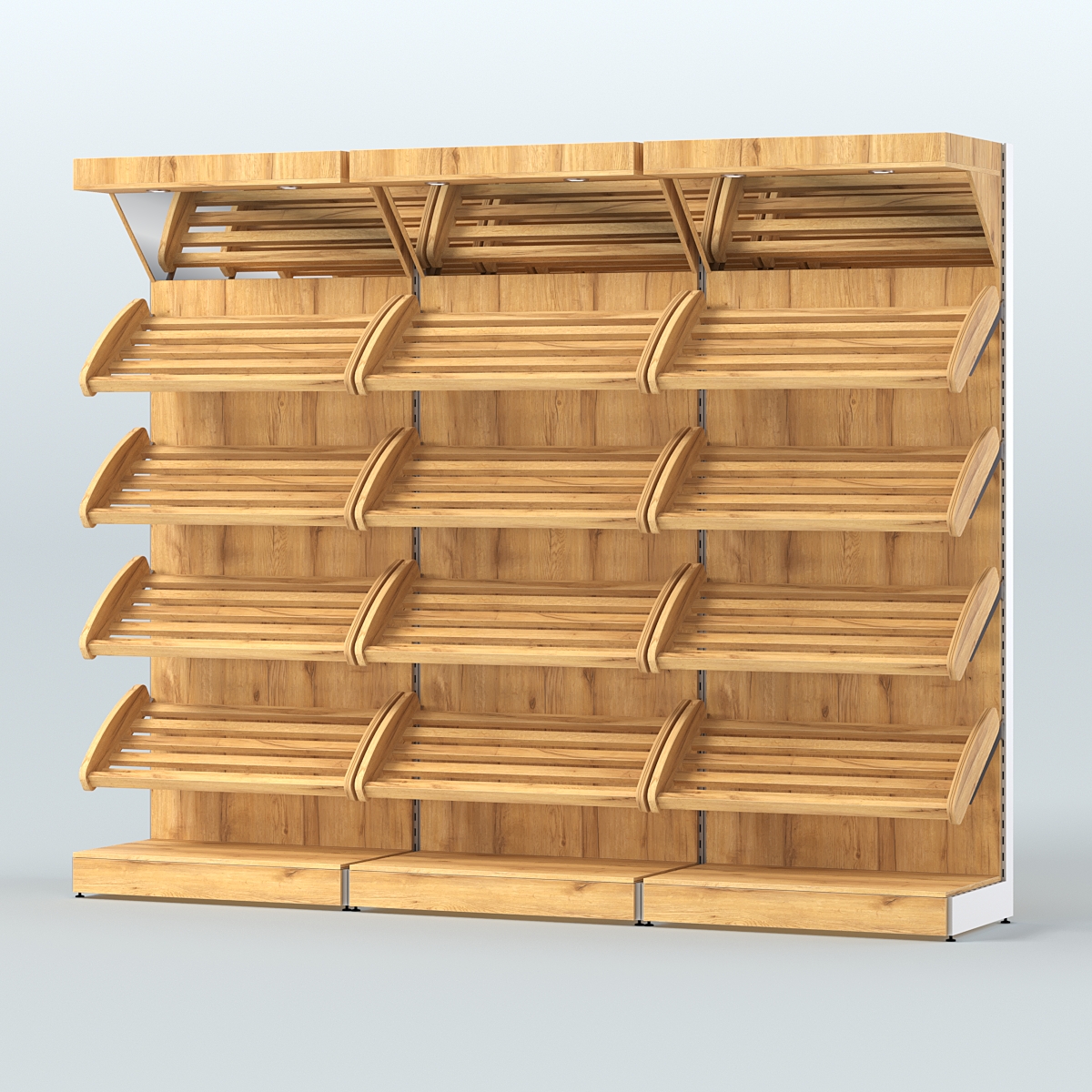 Стеллаж для хлеба и выпечки с четырьмя наклонными полками и зеркальным фризом трех-секционный СХНПФ-04 Дуб Золотистый