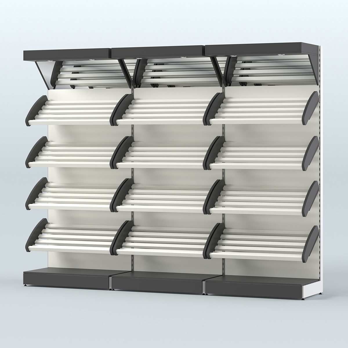 Стеллаж для хлеба и выпечки с четырьмя наклонными полками и зеркальным фризом трех-секционный СХНПФ-04 Черный и Белый