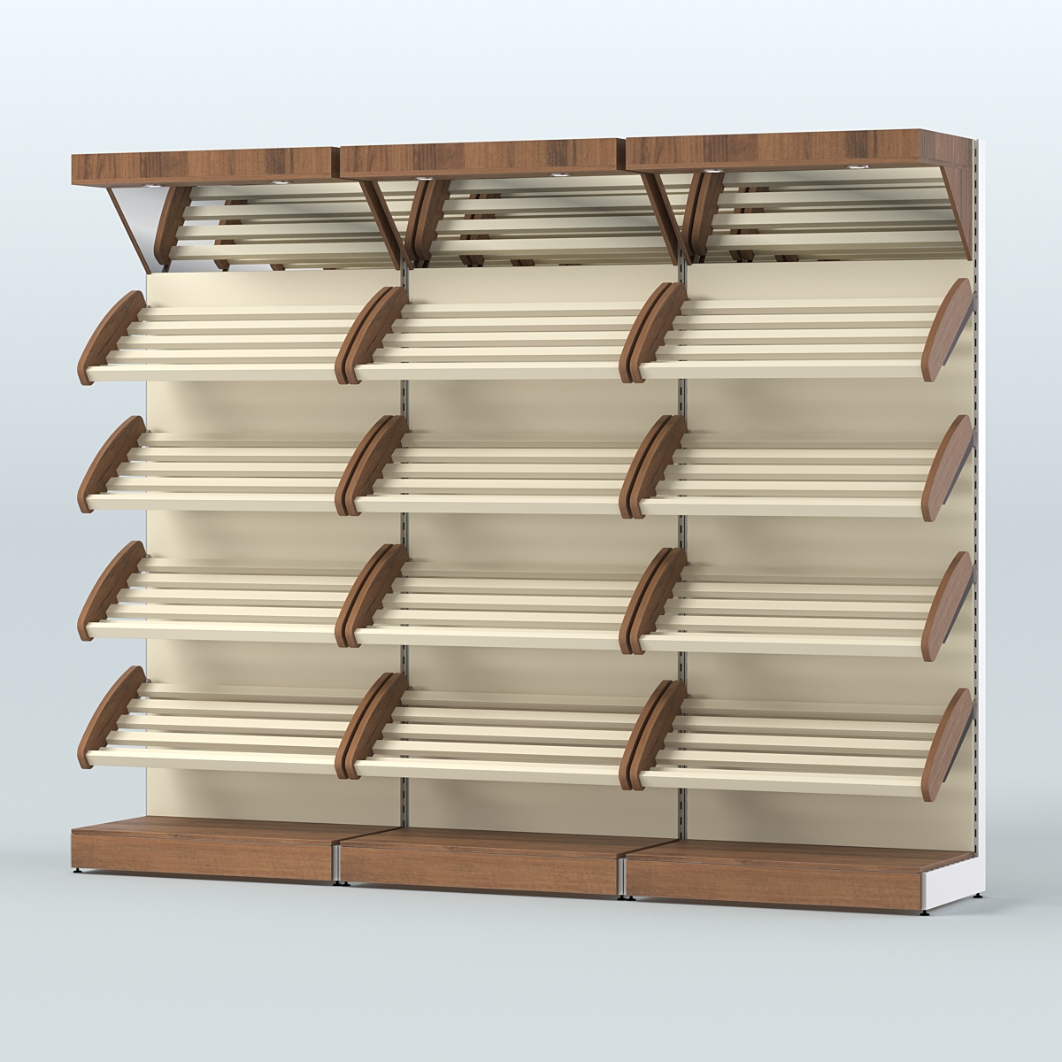 Стеллаж для хлеба и выпечки с четырьмя наклонными полками и зеркальным фризом трех-секционный СХНПФ-04 Орех + Крем Вайс