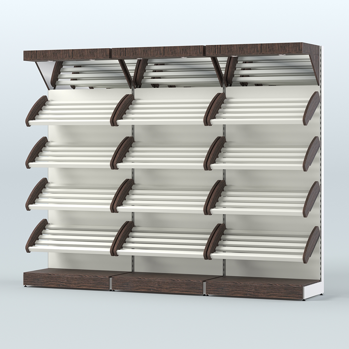 Стеллаж для хлеба и выпечки с четырьмя наклонными полками и зеркальным фризом трех-секционный СХНПФ-04 Дуб Венге + Белый