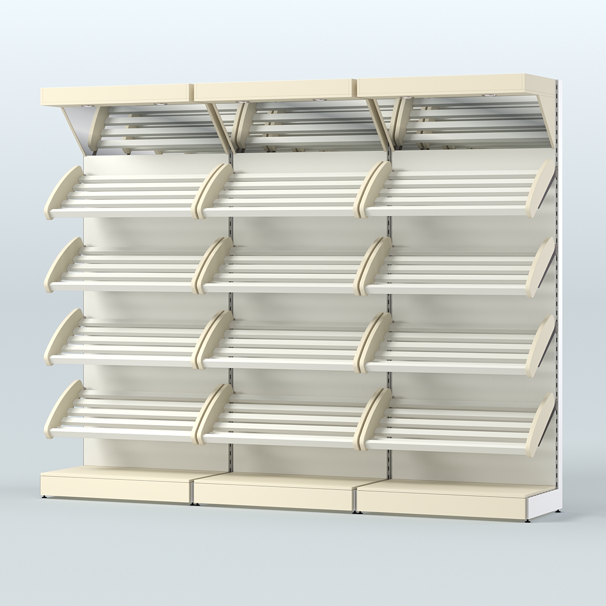 Стеллаж для хлеба и выпечки с четырьмя наклонными полками и зеркальным фризом трех-секционный СХНПФ-04 Крем Вайс + Белый