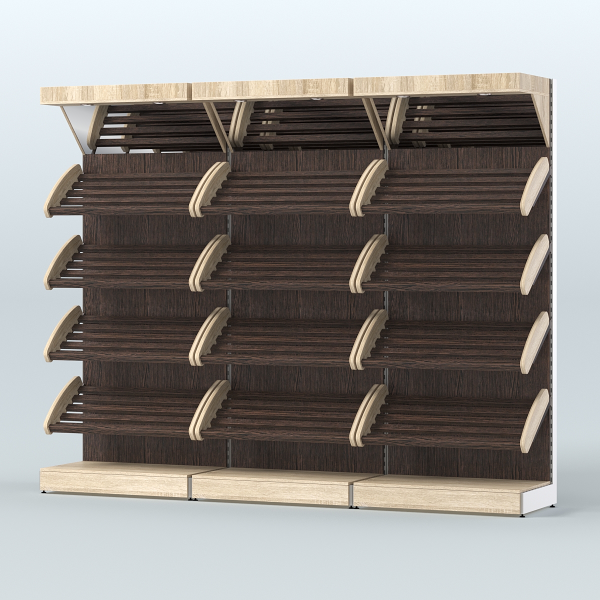 Стеллаж для хлеба и выпечки с четырьмя наклонными полками и зеркальным фризом трех-секционный СХНПФ-04 Дуб Сонома + Дуб Венге