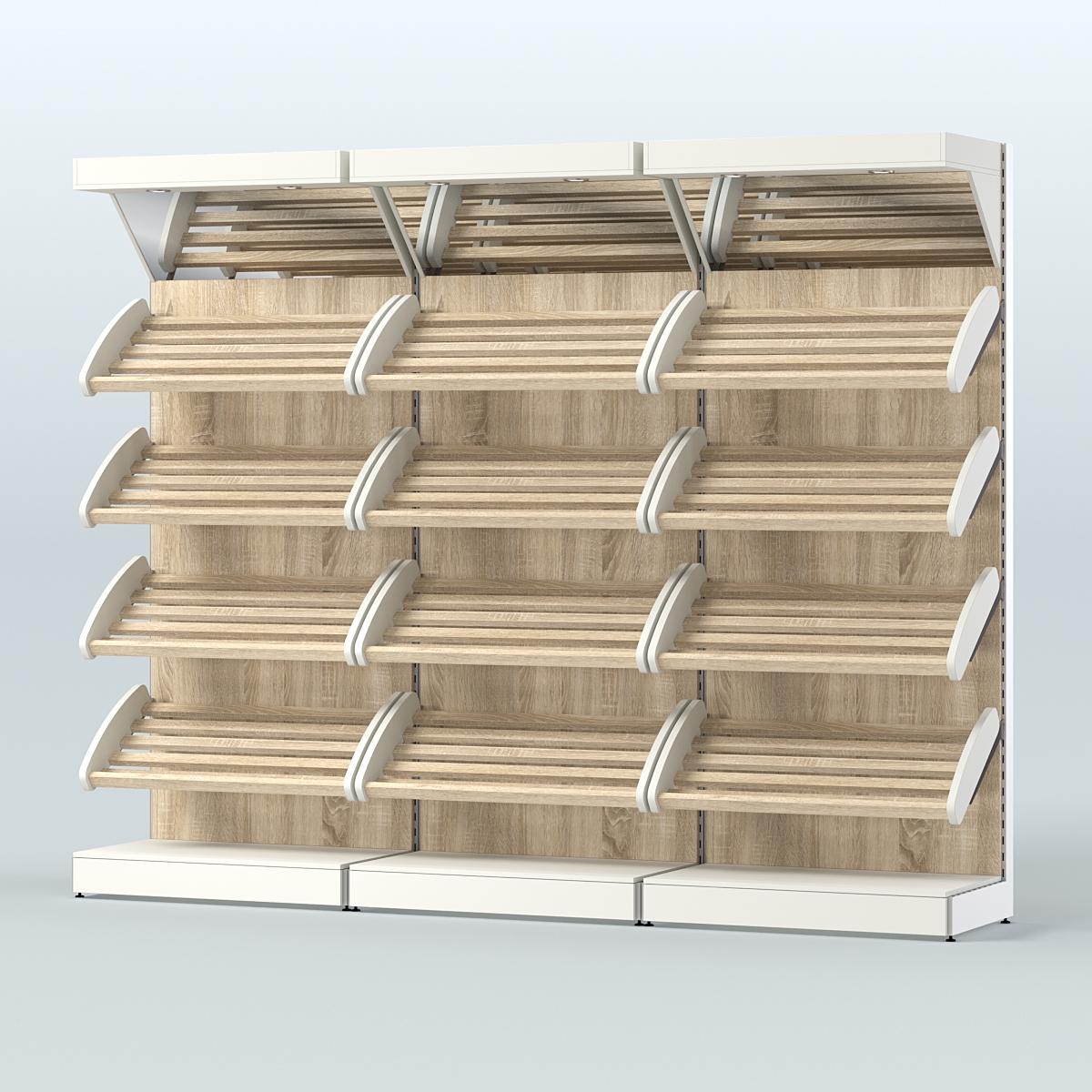 Стеллаж для хлеба и выпечки с четырьмя наклонными полками и зеркальным фризом трех-секционный СХНПФ-04 Белый + Дуб Сонома