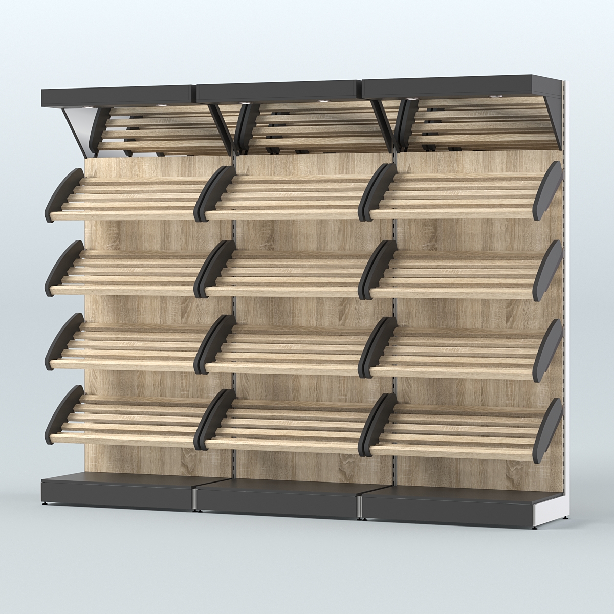 Стеллаж для хлеба и выпечки с четырьмя наклонными полками и зеркальным фризом трех-секционный СХНПФ-04 Черный + Дуб Сонома