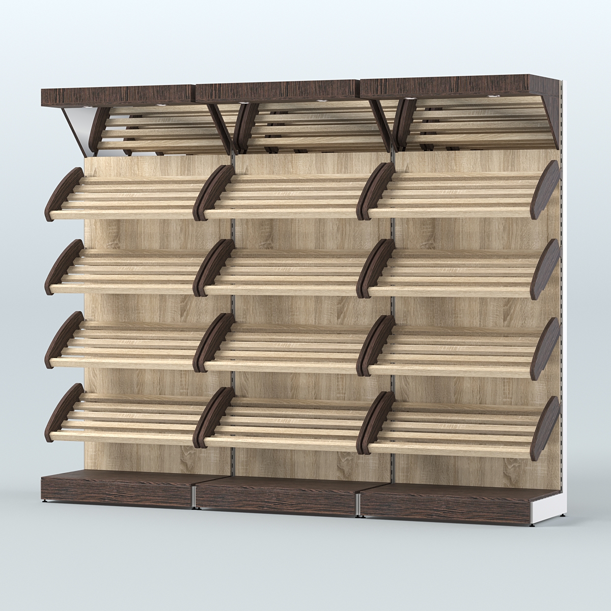 Стеллаж для хлеба и выпечки с четырьмя наклонными полками и зеркальным фризом трех-секционный СХНПФ-04 Дуб Венге + Дуб Сонома