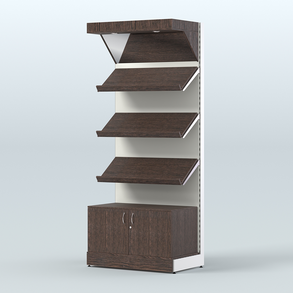 Стеллаж для хлеба и выпечки с тремя наклонными полками накопителем и фризом СХНПНФ-01 Дуб Венге + Белый