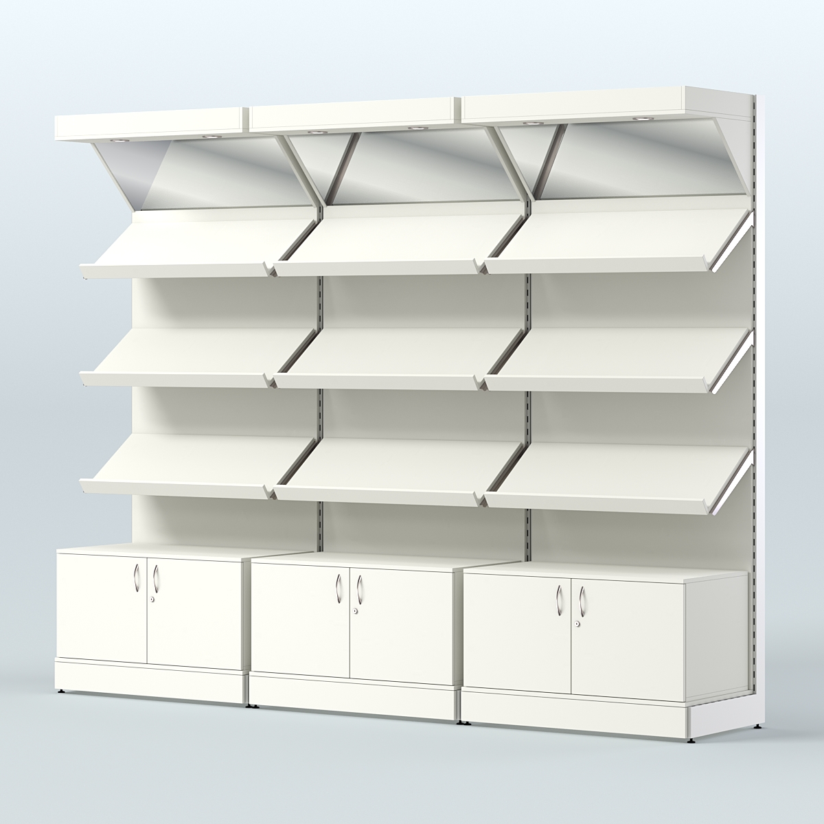 Стеллаж для хлеба и выпечки с тремя наклонными полками накопителем и фризом трех-секционный СХНПНФ-03 Белый