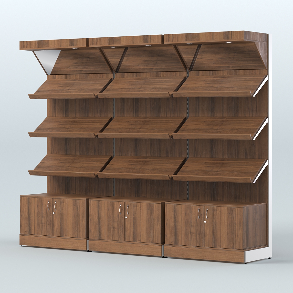 Стеллаж для хлеба и выпечки с тремя наклонными полками накопителем и фризом трех-секционный СХНПНФ-03 Орех