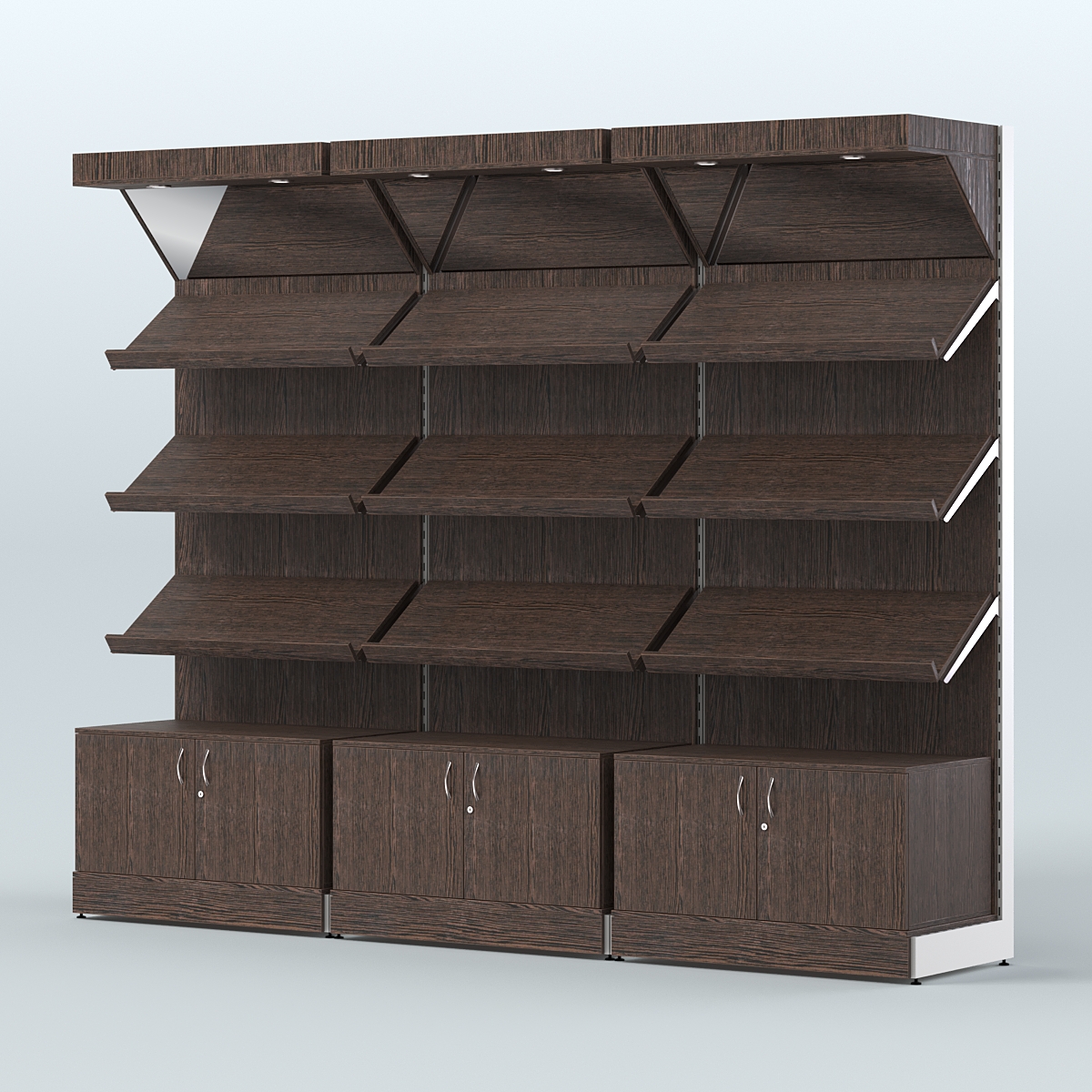 Стеллаж для хлеба и выпечки с тремя наклонными полками накопителем и фризом трех-секционный СХНПНФ-03 Дуб Венге