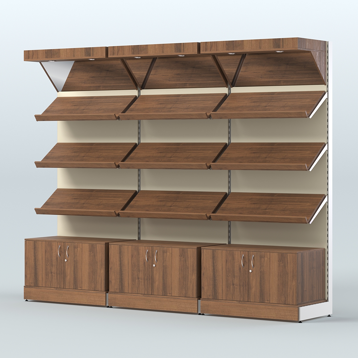 Стеллаж для хлеба и выпечки с тремя наклонными полками накопителем и фризом трех-секционный СХНПНФ-03 Орех + Крем Вайс