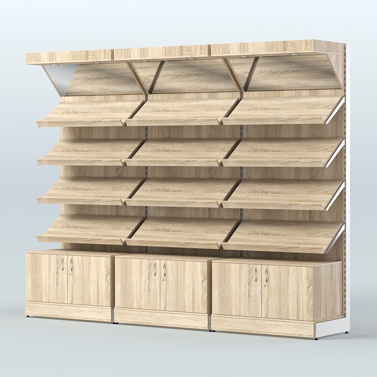 Стеллаж для хлеба и выпечки с четырьмя наклонными полками накопителем и фризом трех-секционный СХНПФ-04 Дуб сонома