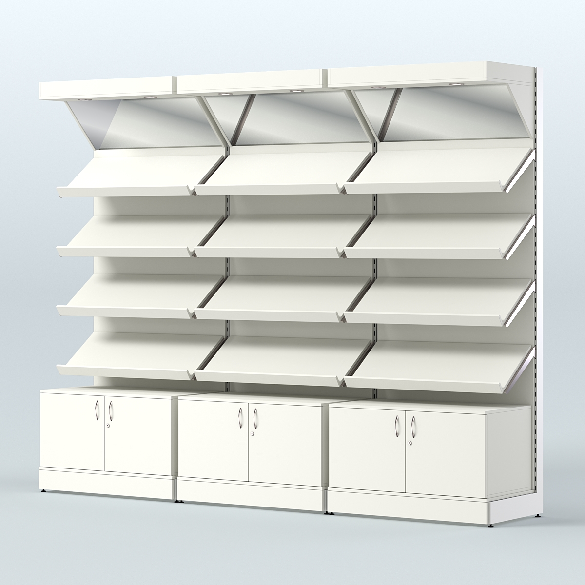 Стеллаж для хлеба и выпечки с четырьмя наклонными полками накопителем и фризом трех-секционный СХНПФ-04 Белый