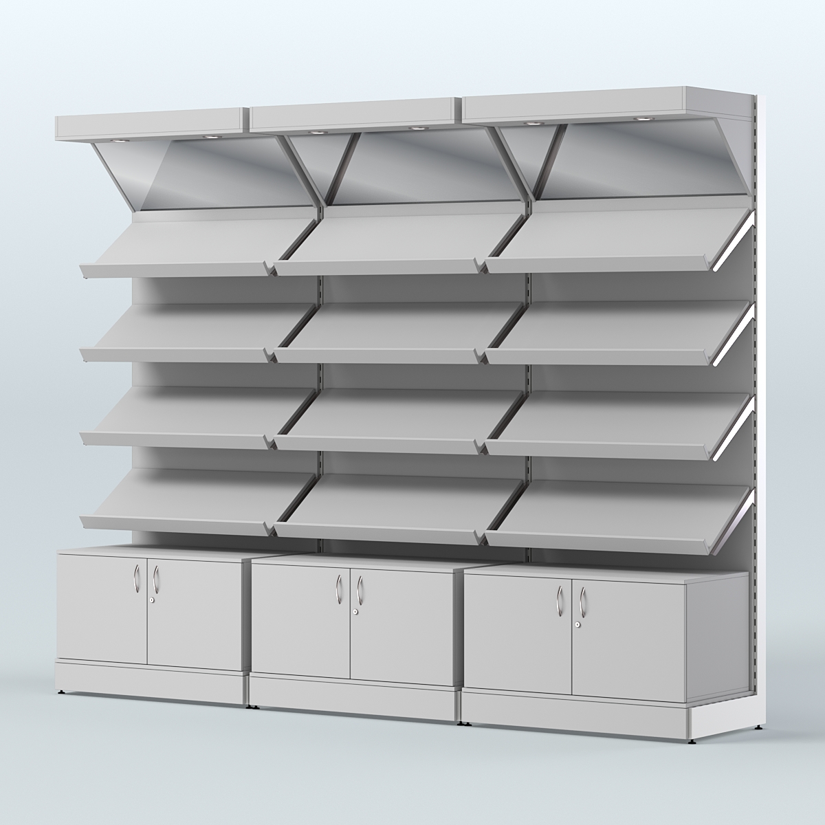 Стеллаж для хлеба и выпечки с четырьмя наклонными полками накопителем и фризом трех-секционный СХНПФ-04 Серый