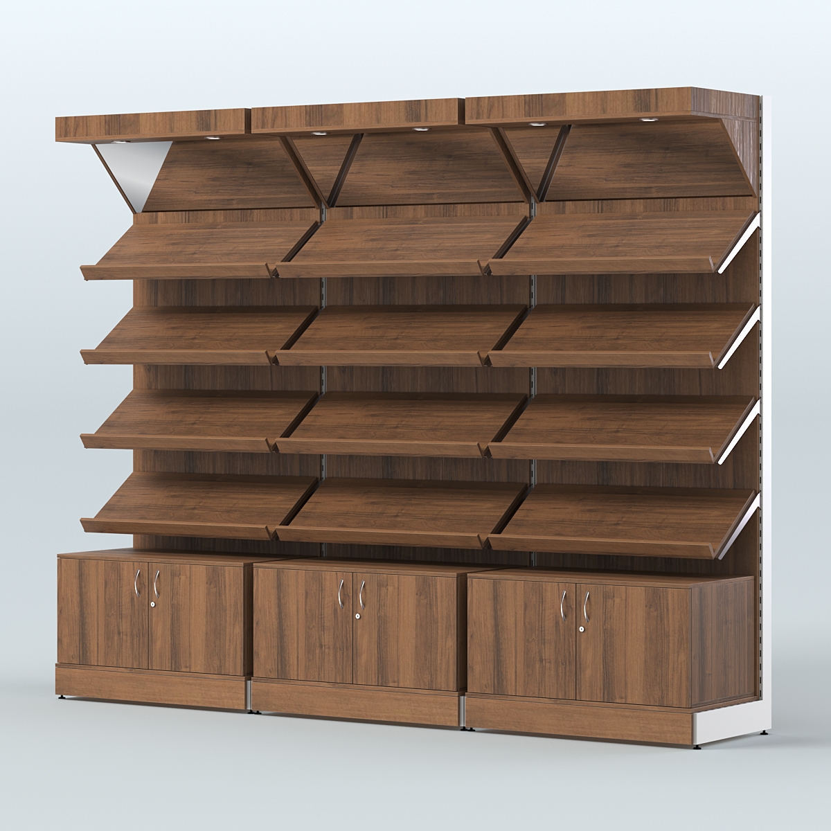 Стеллаж для хлеба и выпечки с четырьмя наклонными полками накопителем и фризом трех-секционный СХНПФ-04 Орех