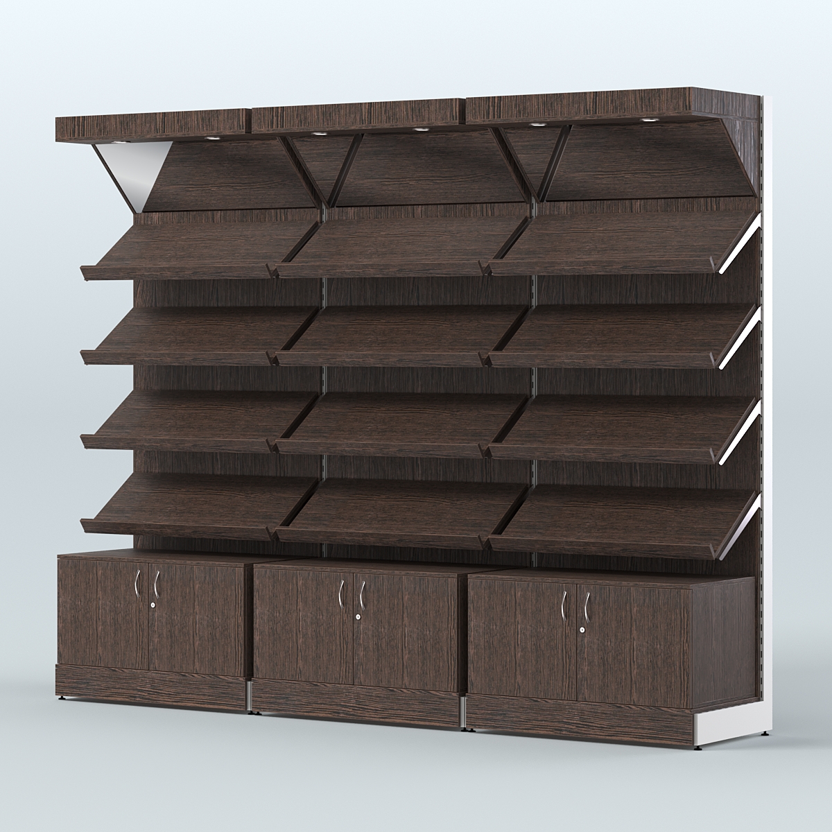 Стеллаж для хлеба и выпечки с четырьмя наклонными полками накопителем и фризом трех-секционный СХНПФ-04 Дуб Венге