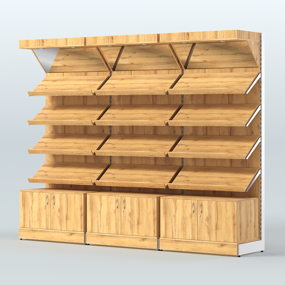 Стеллаж для хлеба и выпечки с четырьмя наклонными полками накопителем и фризом трех-секционный СХНПФ-04 Дуб Золотистый