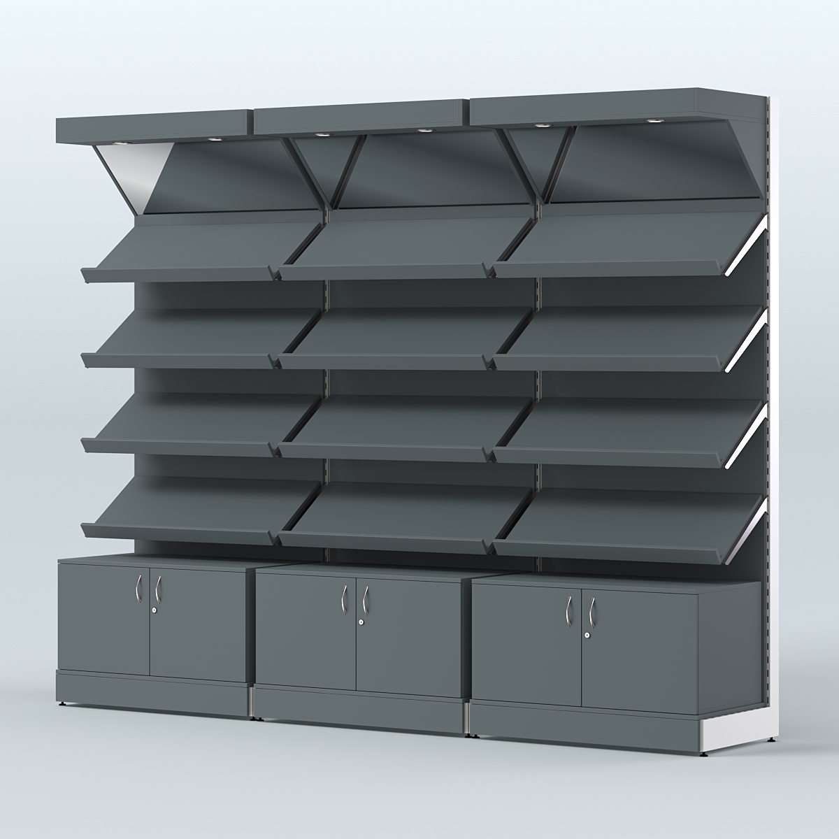 Стеллаж для хлеба и выпечки с четырьмя наклонными полками накопителем и фризом трех-секционный СХНПФ-04 Темно-Серый