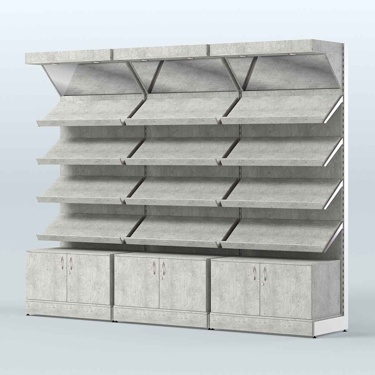 Стеллаж для хлеба и выпечки с четырьмя наклонными полками накопителем и фризом трех-секционный СХНПФ-04 Метрополитан Грей