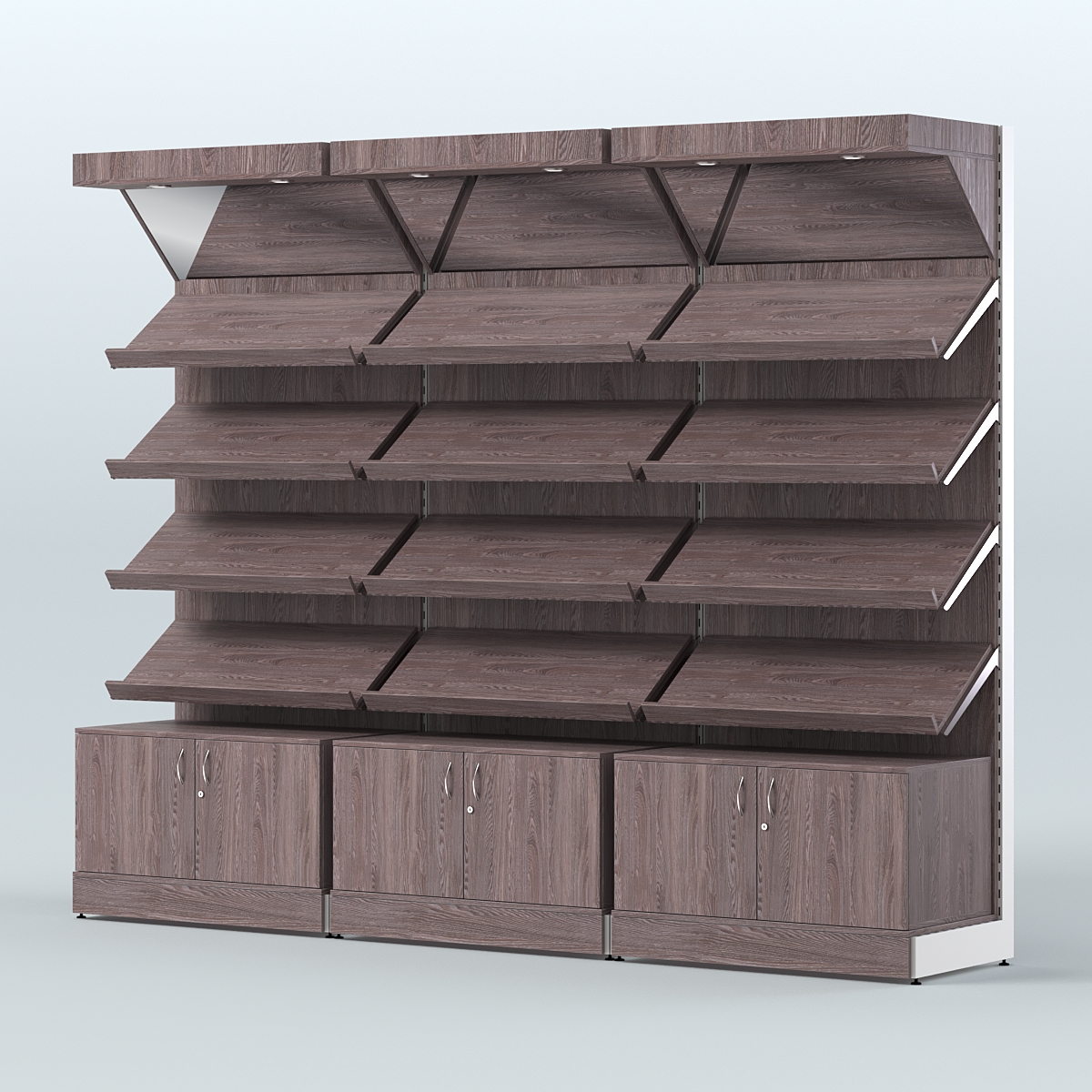 Стеллаж для хлеба и выпечки с четырьмя наклонными полками накопителем и фризом трех-секционный СХНПФ-04 Ясень Анкор темный