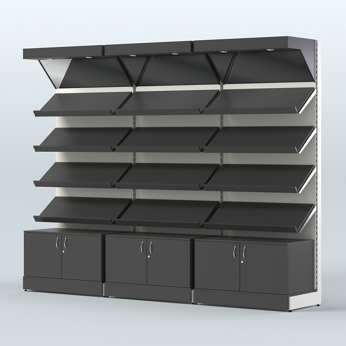 Стеллаж для хлеба и выпечки с четырьмя наклонными полками накопителем и фризом трех-секционный СХНПФ-04 Черный и Белый